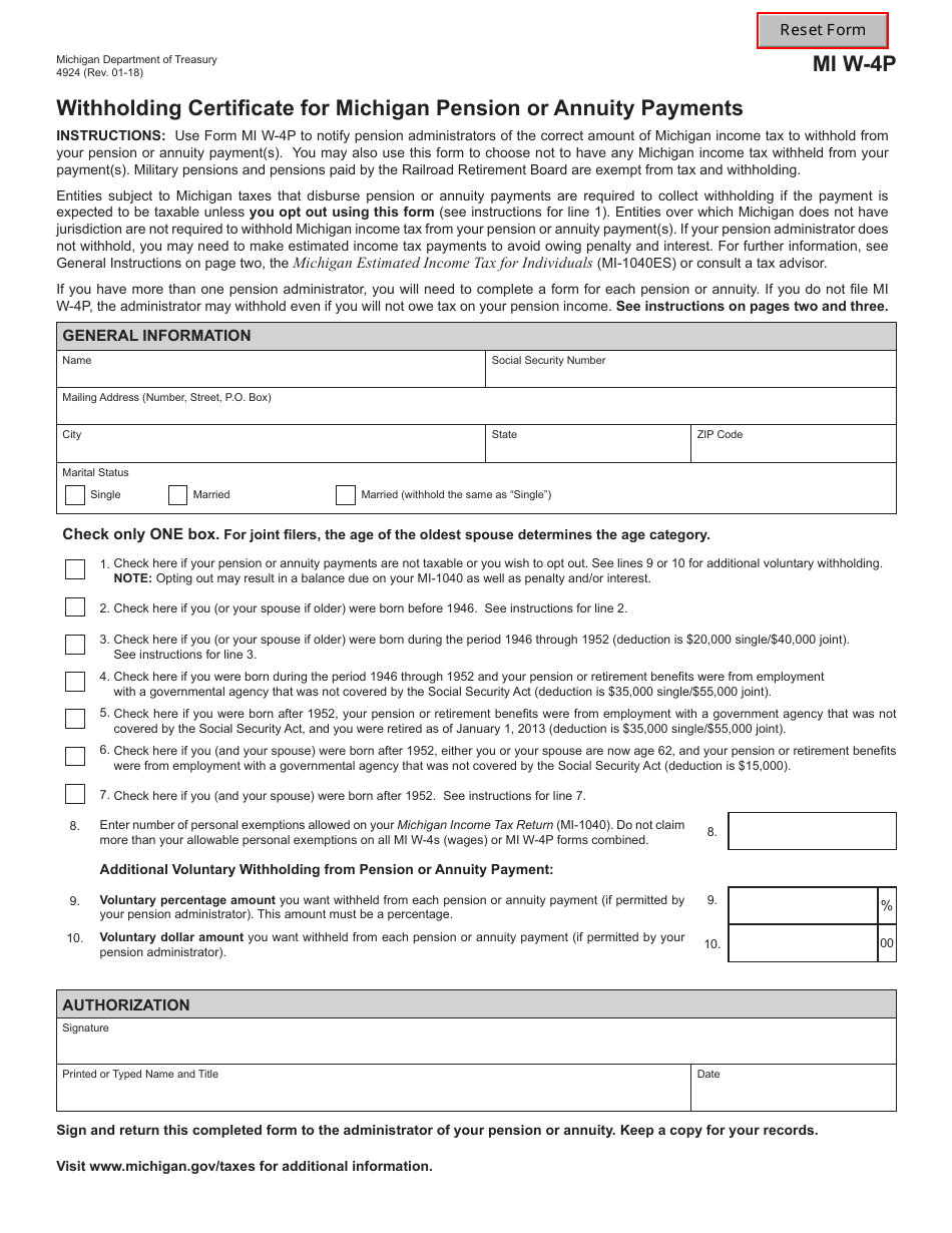 Form MIW-4P Withholding Certificate for Michigan Pension or Annuity Payments - Michigan, Page 1