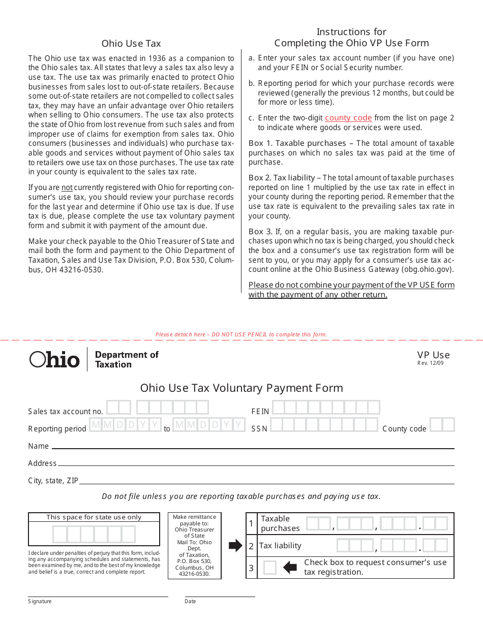 Form VP USE Ohio Use Tax Voluntary Payment Form - Ohio, Page 1