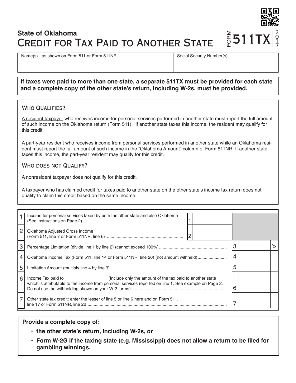 OTC Form 511TX Credit for Tax Paid to Another State - Oklahoma, Page 1