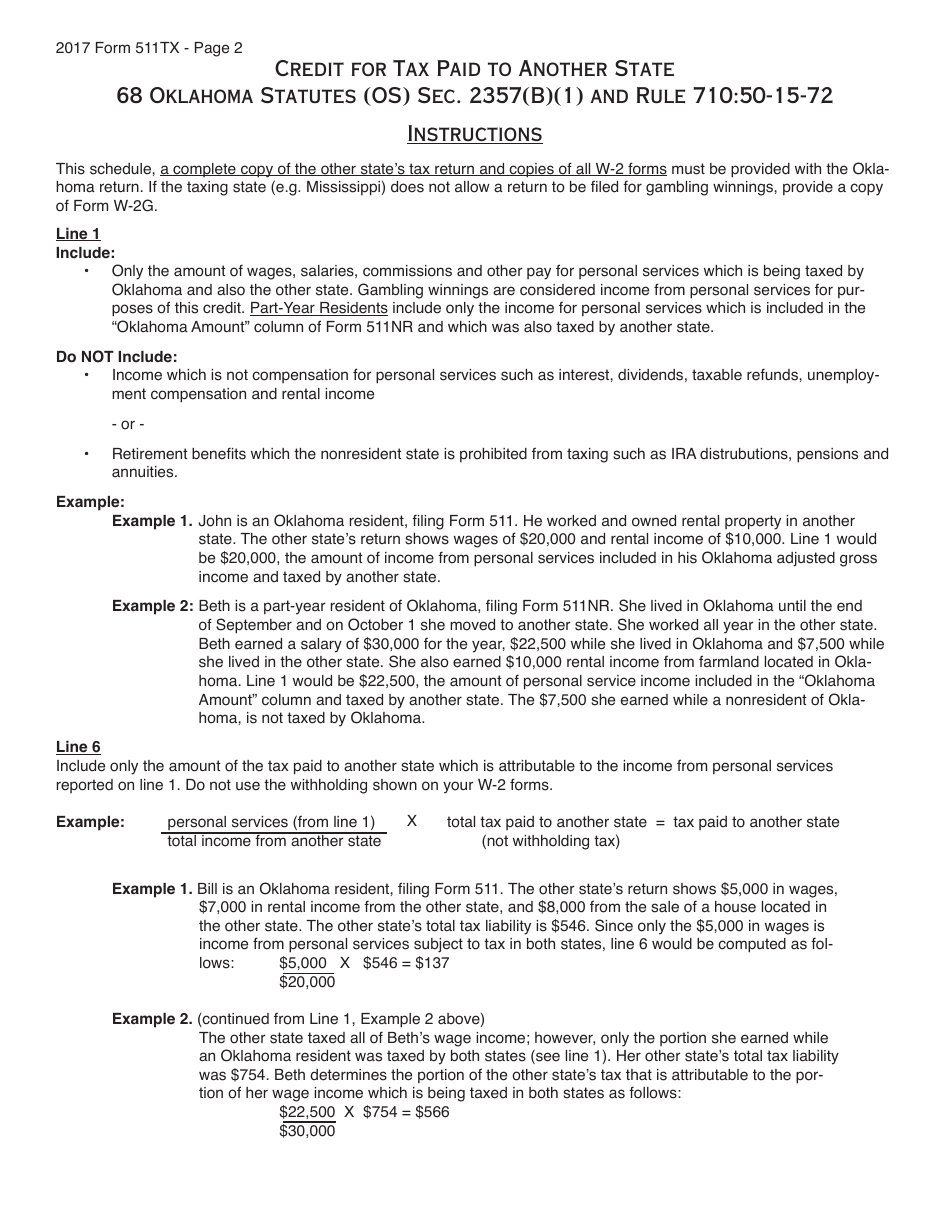 OTC Form 511TX Credit for Tax Paid to Another State - Oklahoma, Page 2