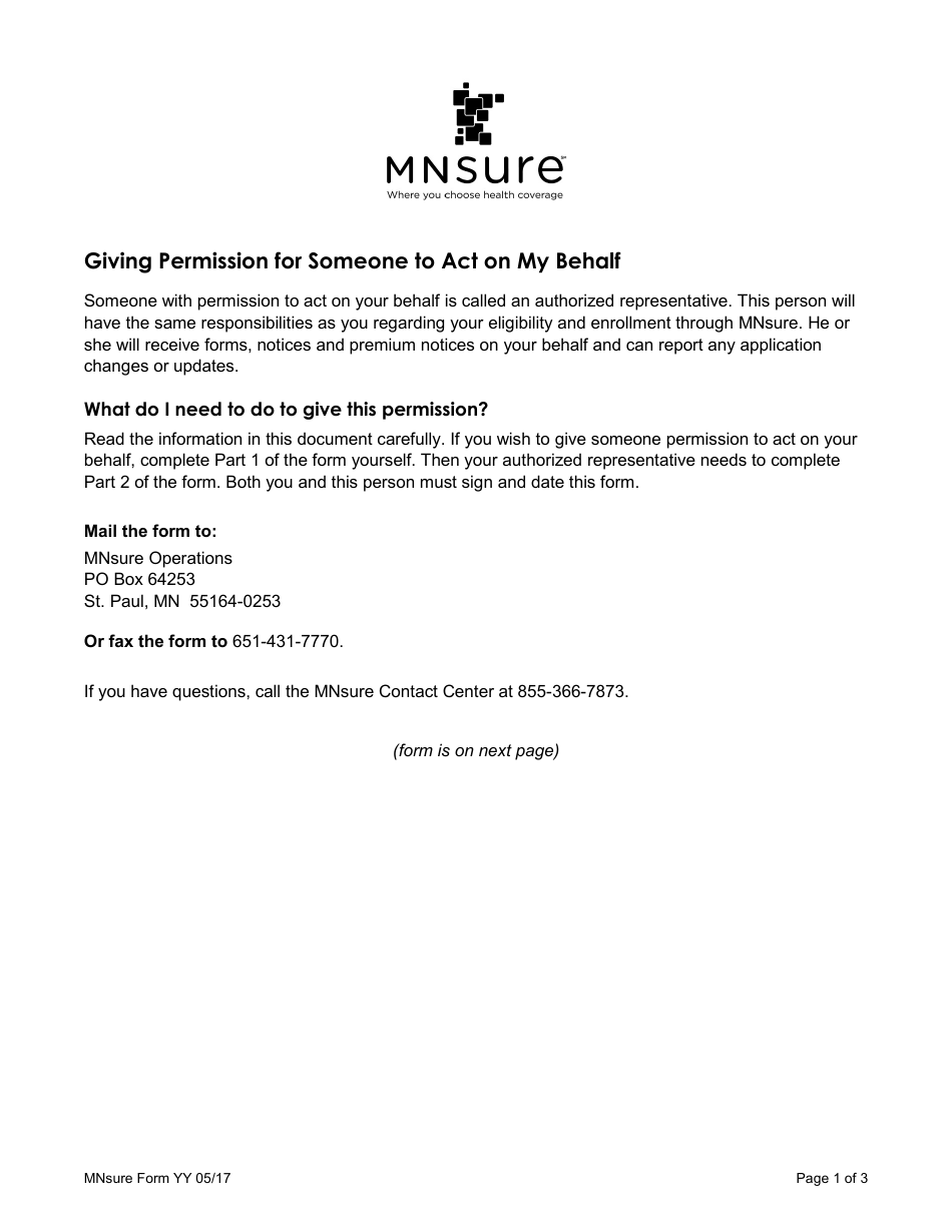 Form YY Authorized Representative Form - Mnsure - Minnesota, Page 1