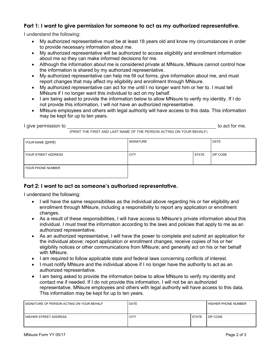 Form YY Authorized Representative Form - Mnsure - Minnesota, Page 2