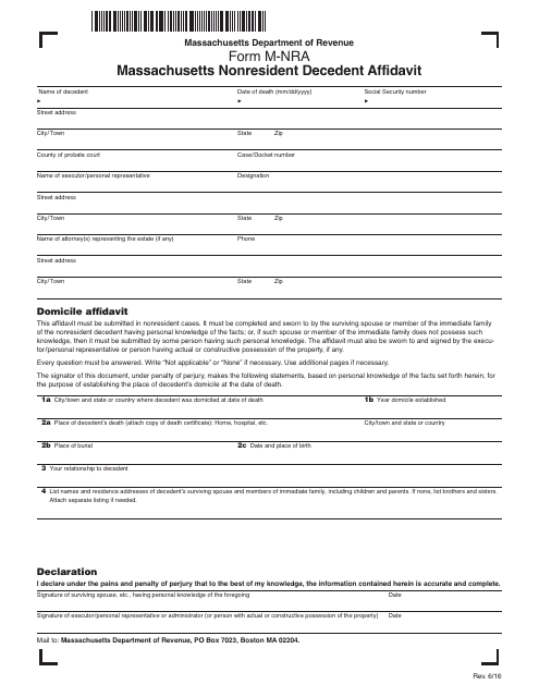 Form M-NRA Massachusetts Nonresident Decedent Affidavit - Massachusetts