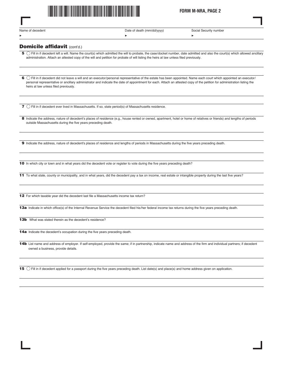 Form M-NRA Massachusetts Nonresident Decedent Affidavit - Massachusetts, Page 2
