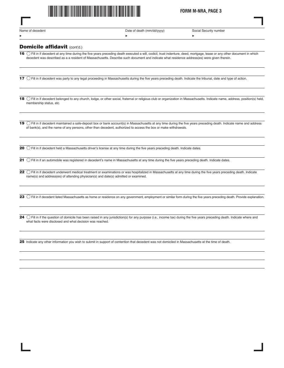Form M-NRA Massachusetts Nonresident Decedent Affidavit - Massachusetts, Page 3