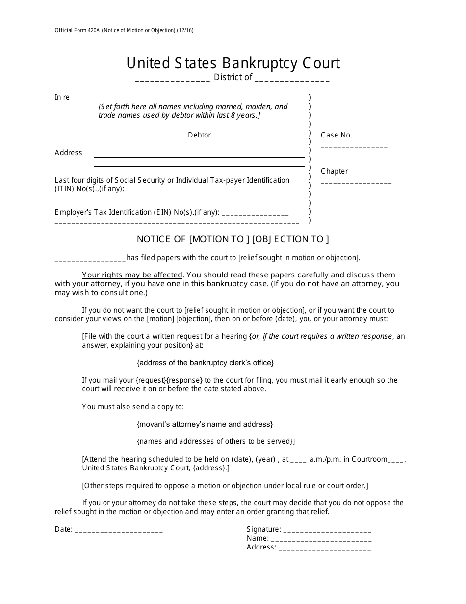 Official Form 420A Notice of Motion or Objection, Page 1
