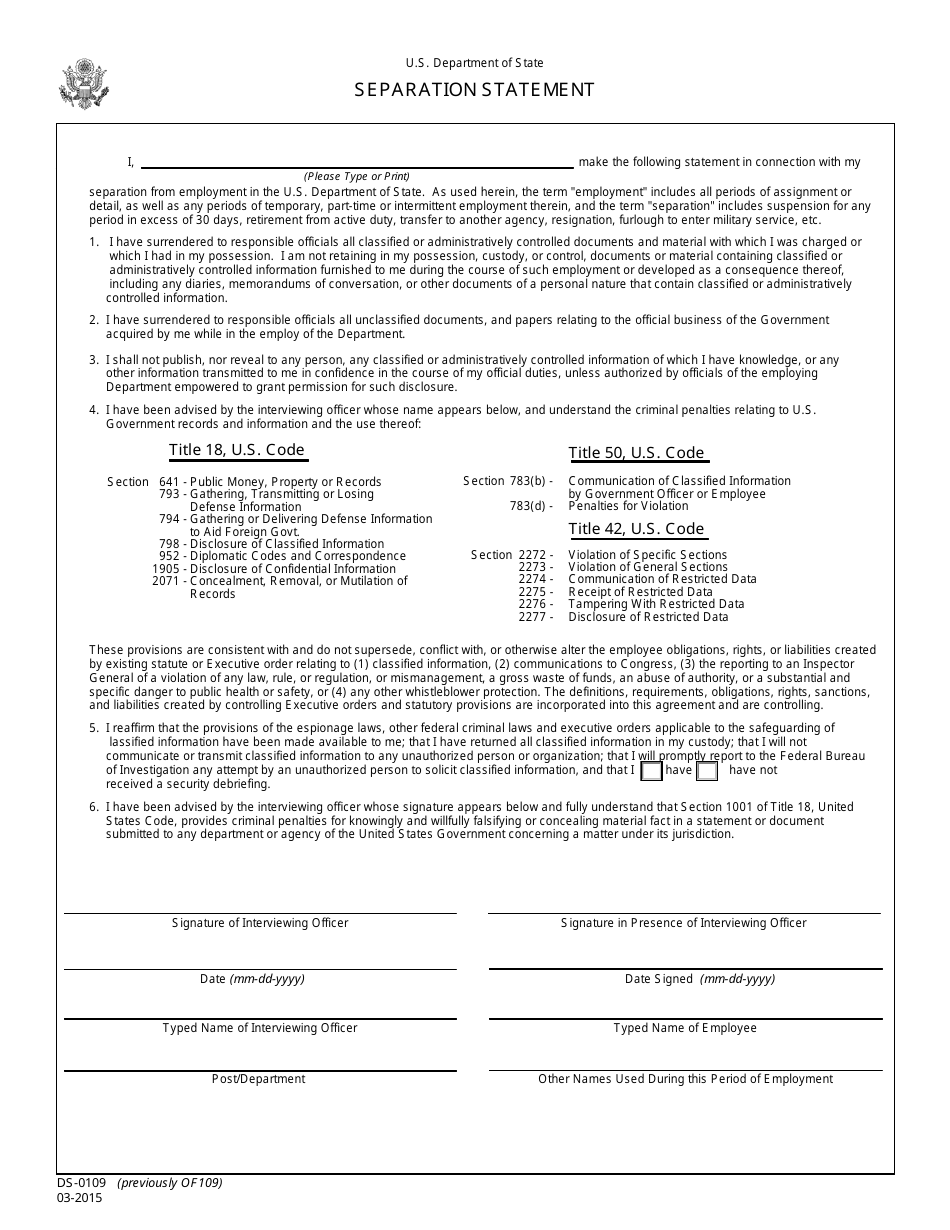 Form DS-0109 Separation Statement, Page 1