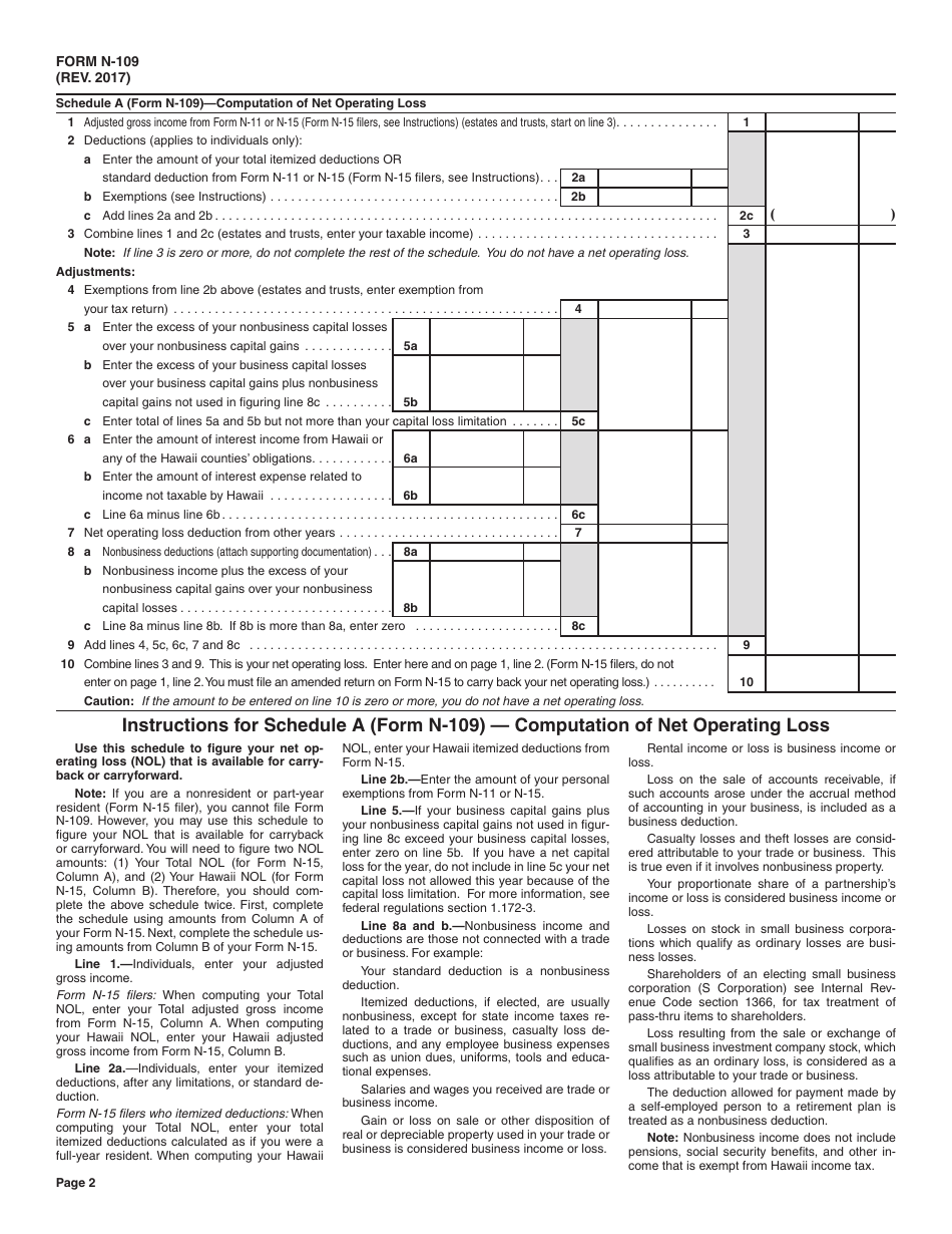 Form N-109 Application for Tentative Refund From Carryback of Net Operating Loss - Hawaii, Page 2