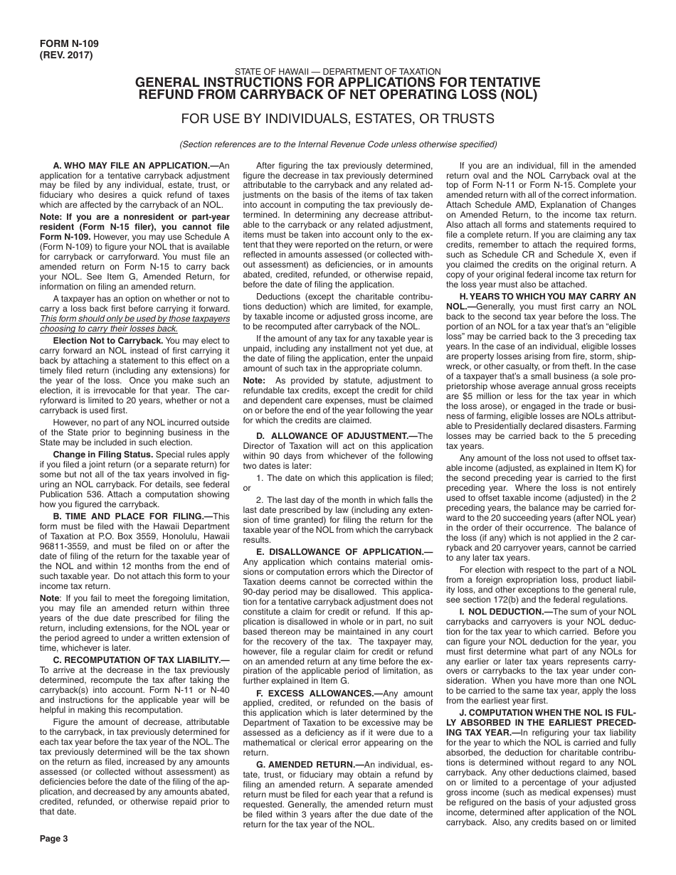 Form N-109 Application for Tentative Refund From Carryback of Net Operating Loss - Hawaii, Page 3