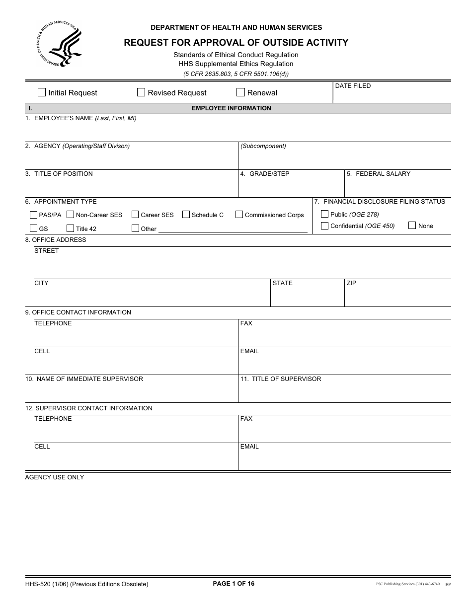 Form HHS-520 Request for Approval of Outside Activity, Page 1