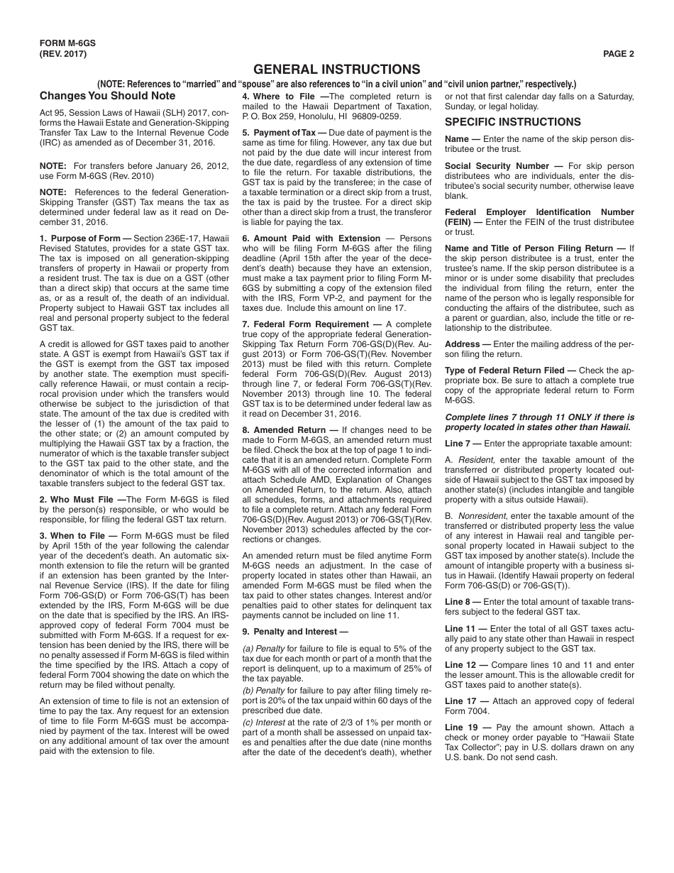 Form M-6gs Hawaii Generation-Skipp Transfer Tax Return - Hawaii, Page 2
