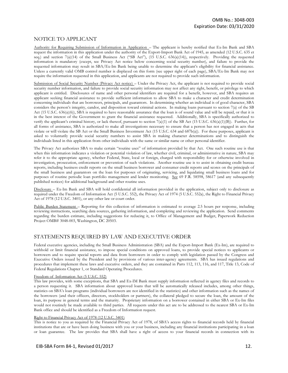 SBA EIB-SBA Form 84-1 Joint Application for Export Working Capital Guarantee, Page 12