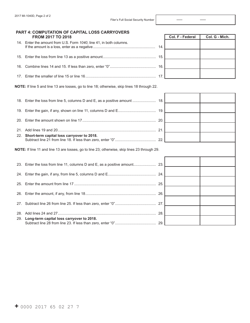 Form MI-1040D Michigan Adjustments of Capital Gains and Losses - Michigan, Page 2