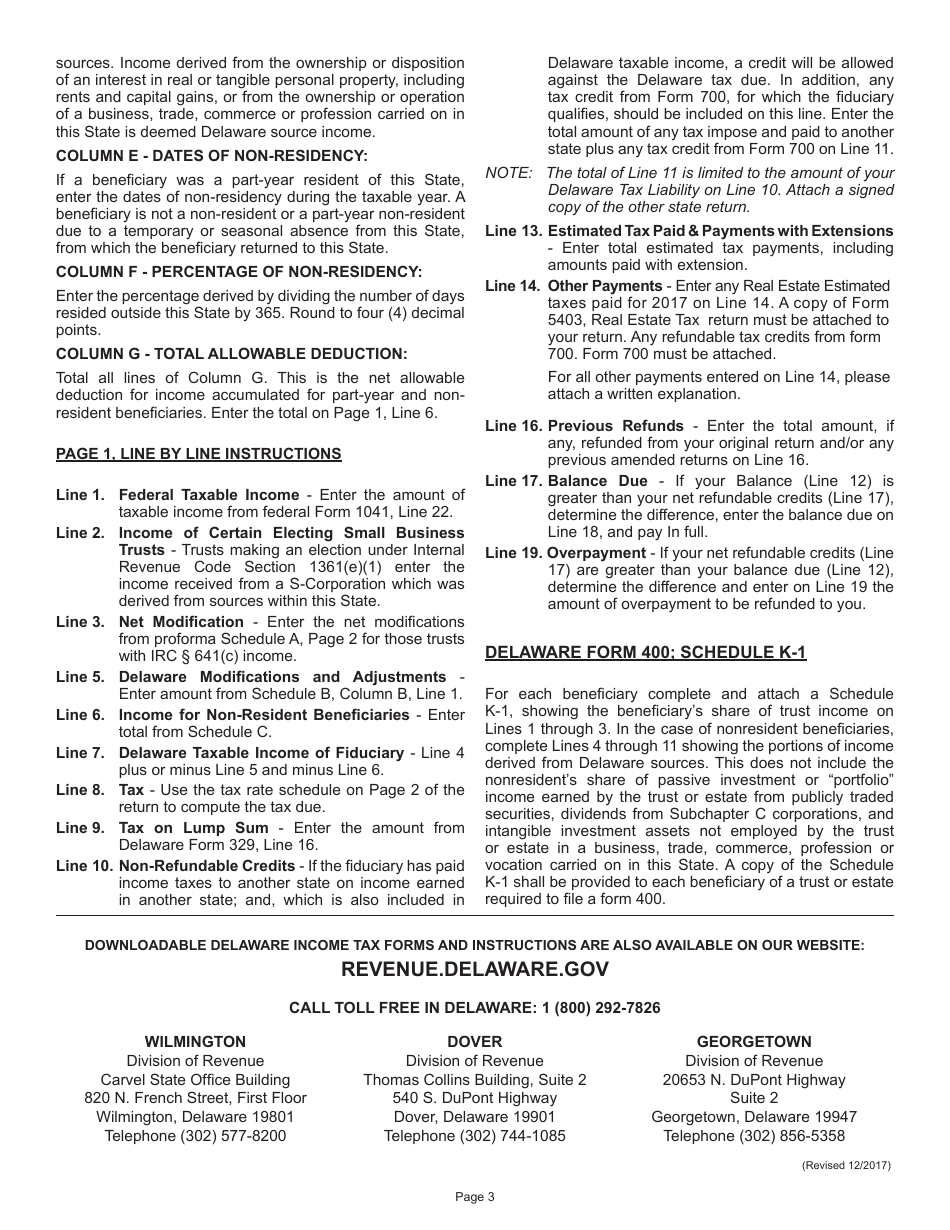Instructions for Form 400 Fiduciary Income Tax Return - Delaware, Page 3