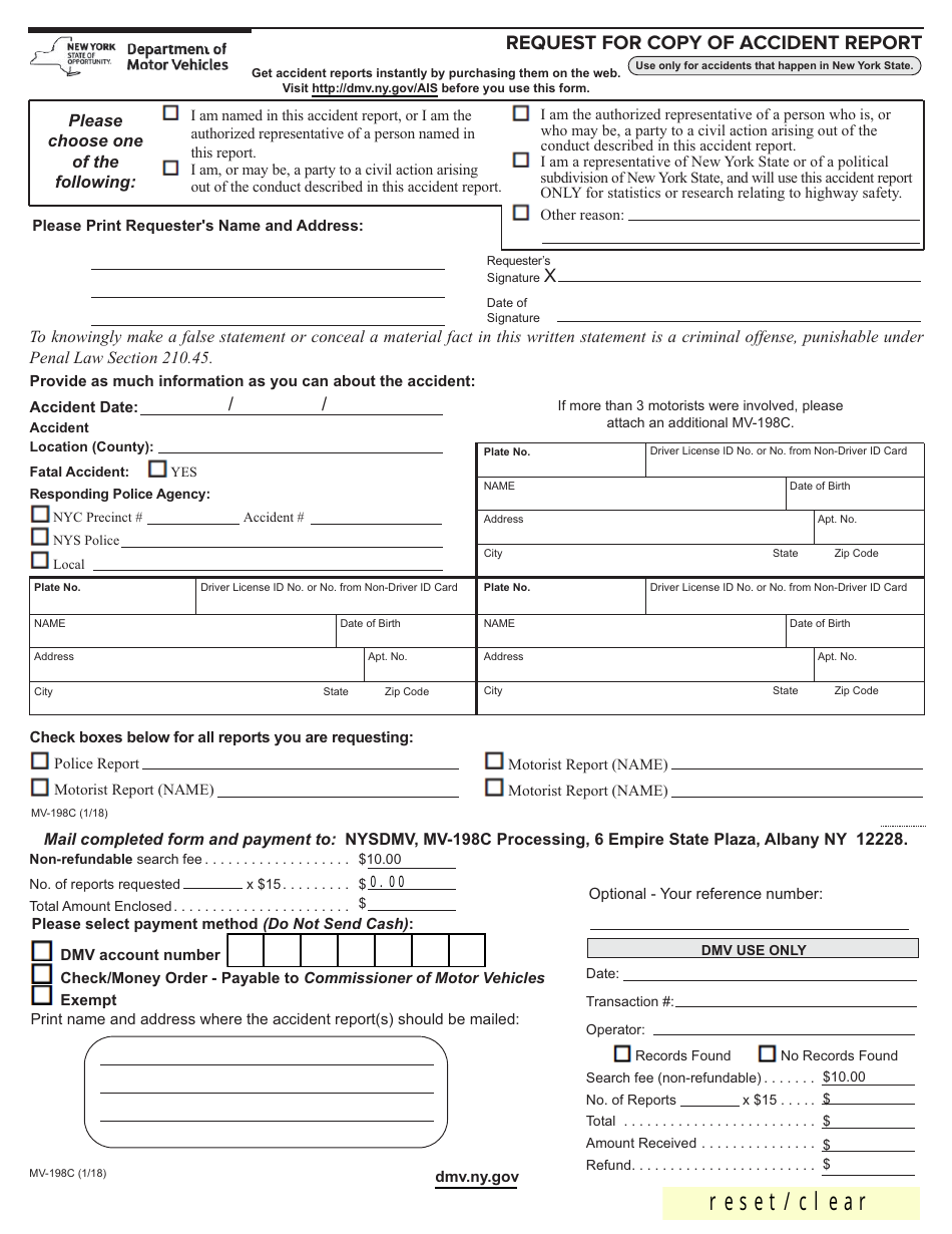Form MV-198C Request for Copy of Accident Report - New York, Page 1