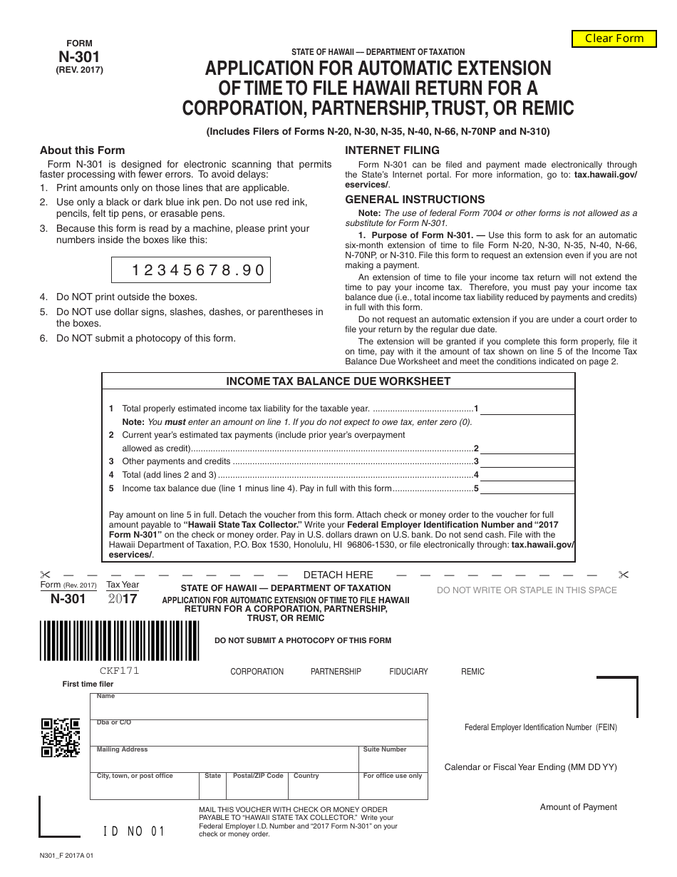 Form N-301 Application for Automatic Extension of Time to File Hawaii Return for a Corporation, Partnership, Trust, or Remic - Hawaii, Page 1