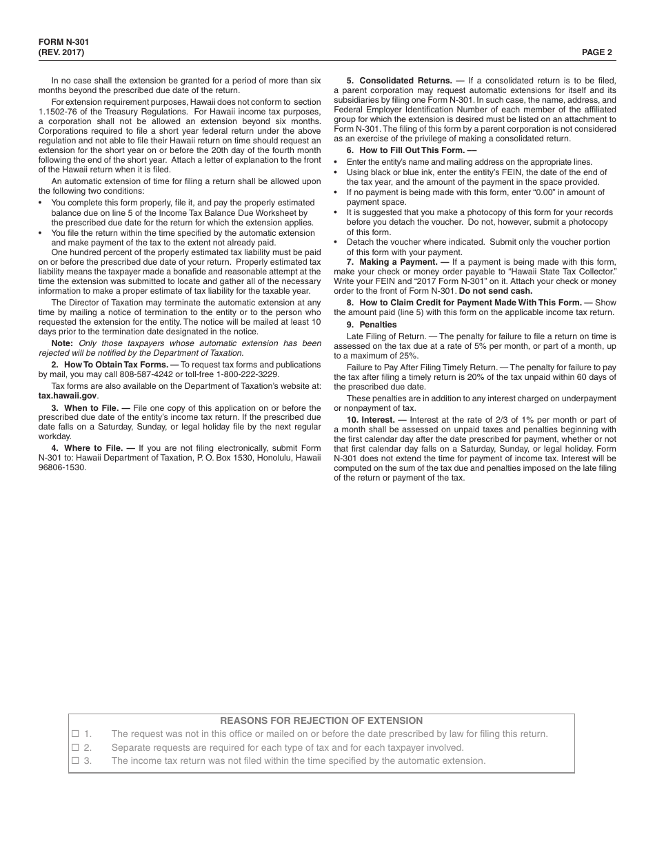 Form N-301 Application for Automatic Extension of Time to File Hawaii Return for a Corporation, Partnership, Trust, or Remic - Hawaii, Page 2