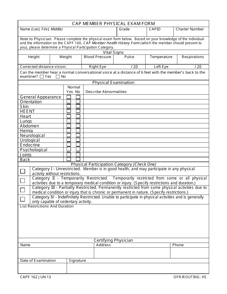 CAP Form 162 CAP Member Physical Exam Form, Page 1