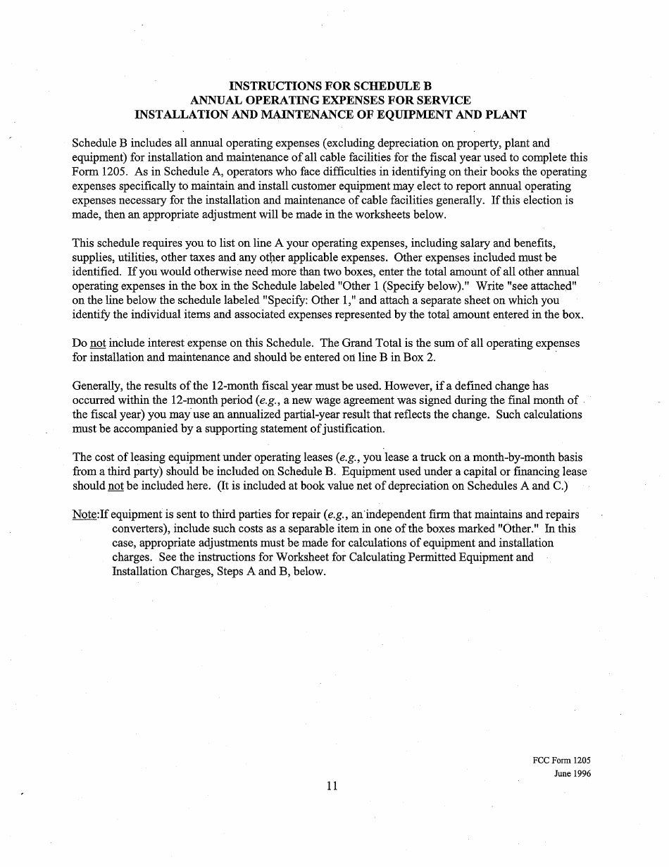 Instructions for FCC Form 1205 Determining Costs of Regulated Cable Equipment and Installation, Page 11