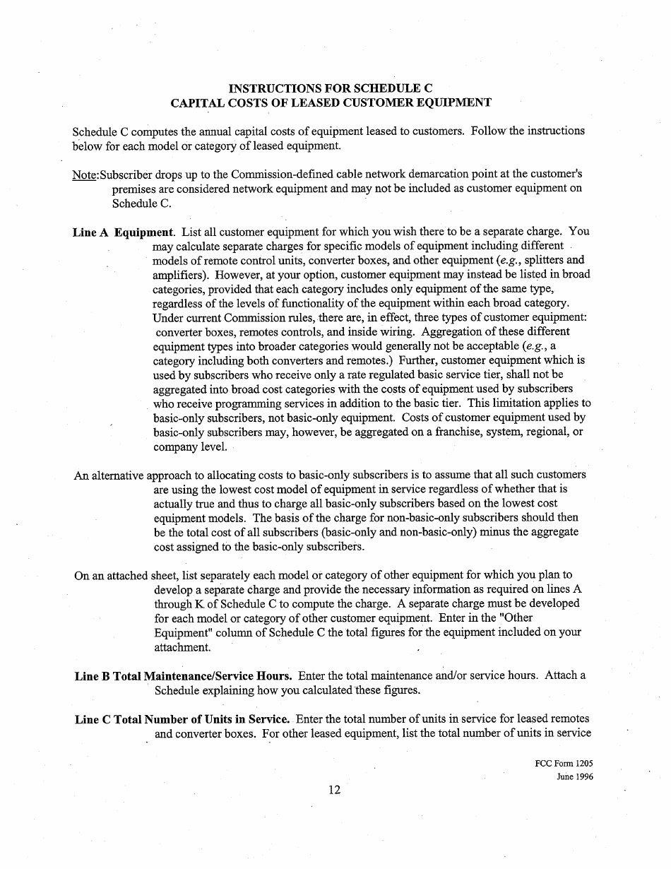 Instructions for FCC Form 1205 Determining Costs of Regulated Cable Equipment and Installation, Page 12