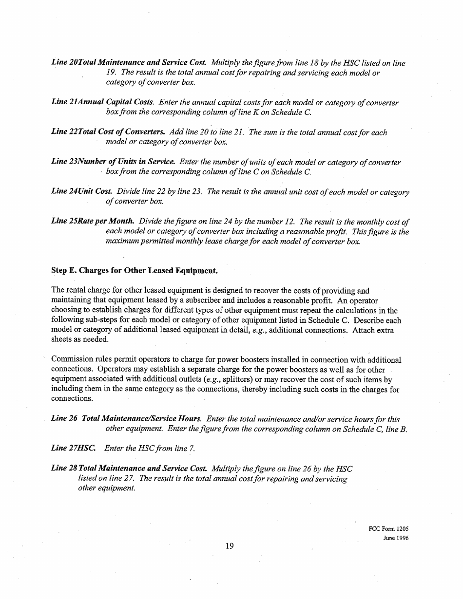 Instructions for FCC Form 1205 Determining Costs of Regulated Cable Equipment and Installation, Page 19