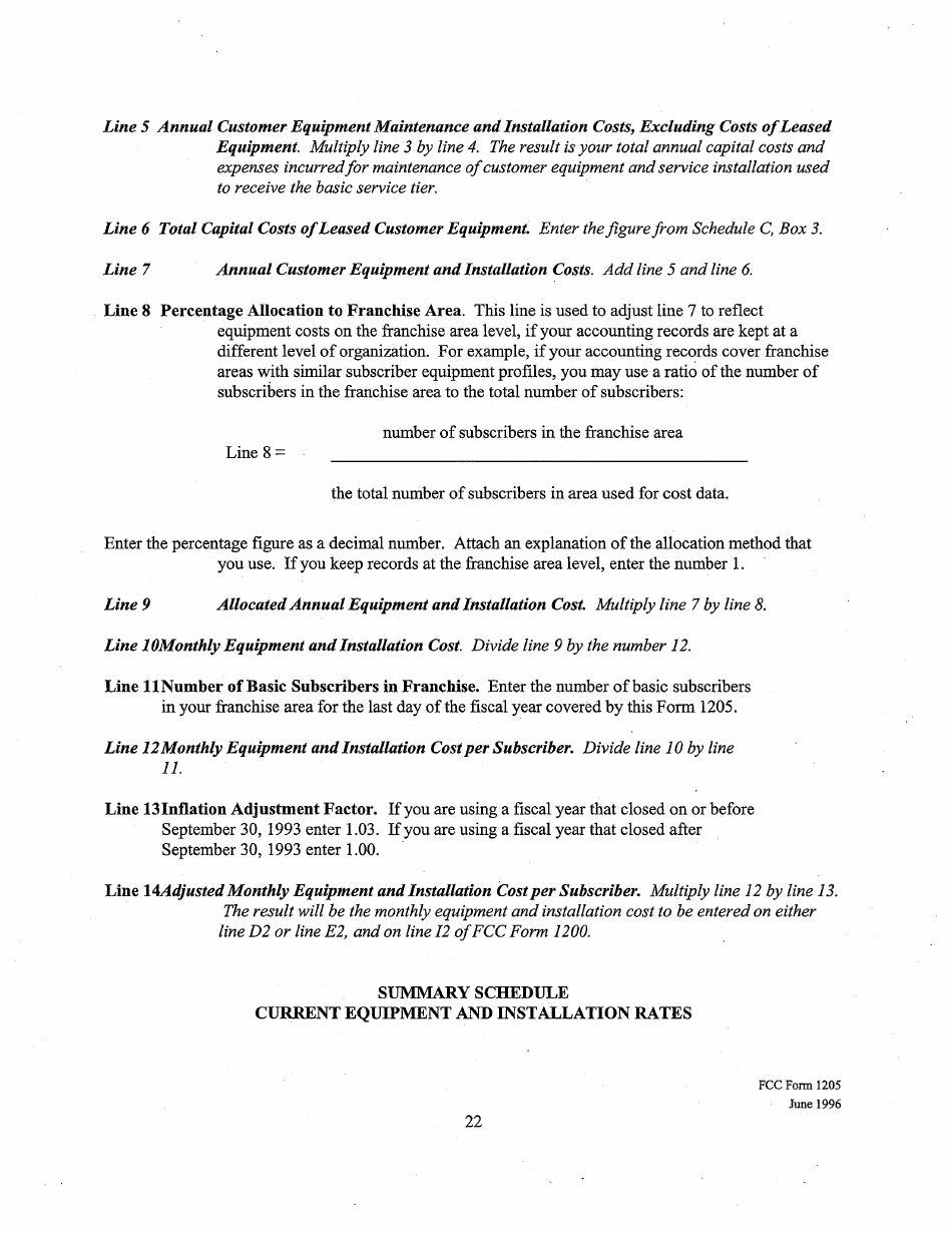 Instructions for FCC Form 1205 Determining Costs of Regulated Cable Equipment and Installation, Page 22