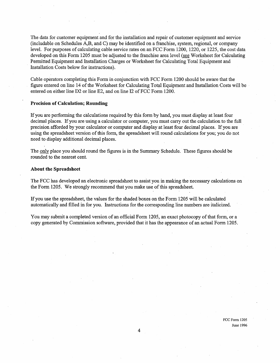 Instructions for FCC Form 1205 Determining Costs of Regulated Cable Equipment and Installation, Page 4