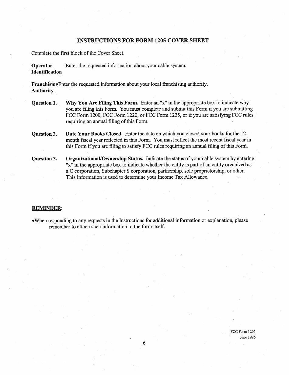 Instructions for FCC Form 1205 Determining Costs of Regulated Cable Equipment and Installation, Page 6