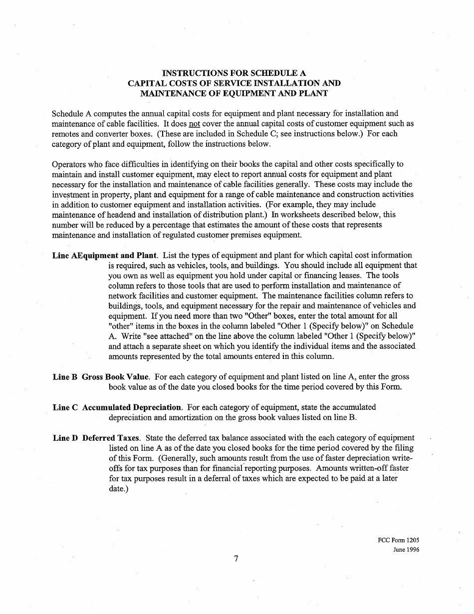 Instructions for FCC Form 1205 Determining Costs of Regulated Cable Equipment and Installation, Page 7