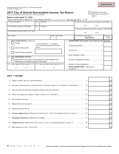 Form 5119 City of Detroit Nonresident Income Tax Return - Michigan, 2017