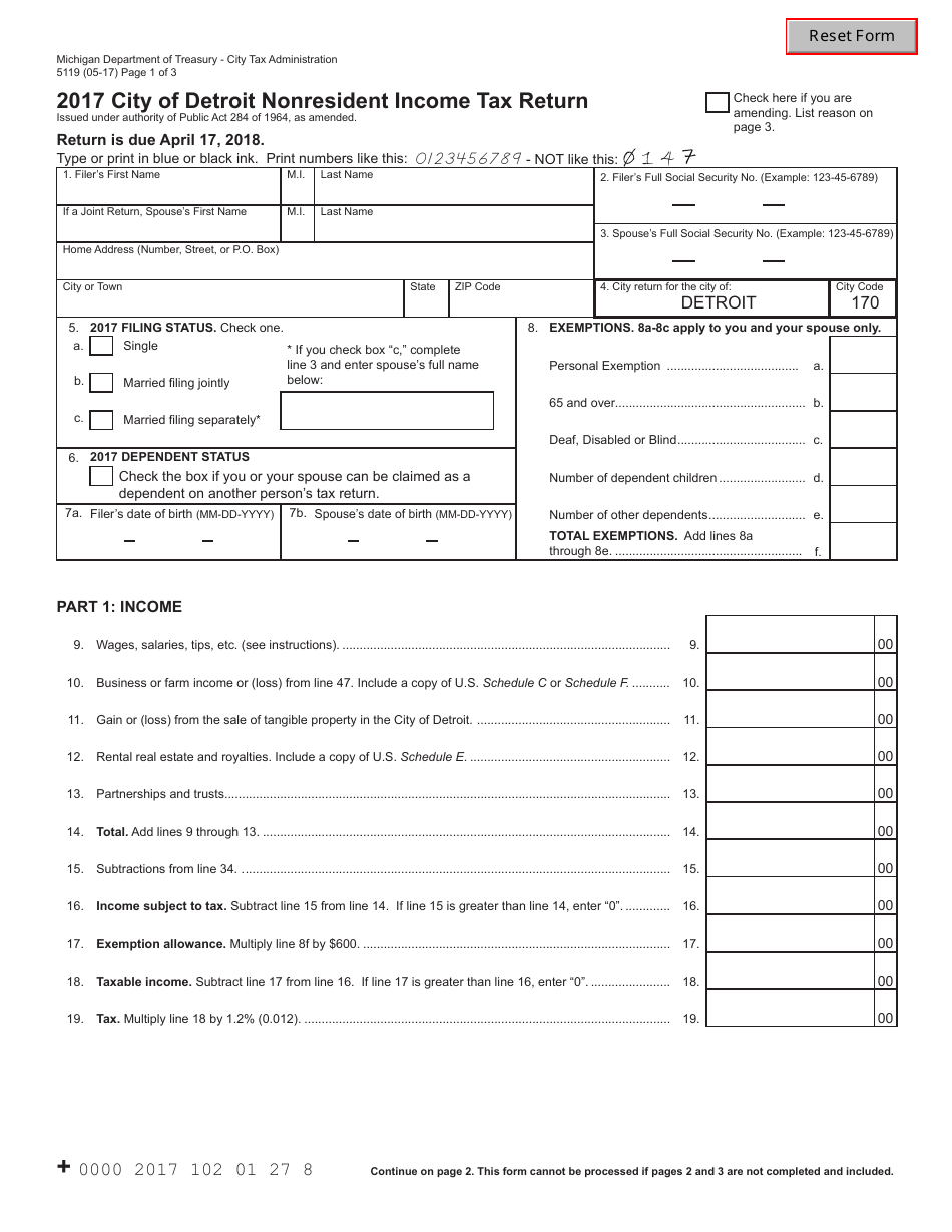 Form 5119 City of Detroit Nonresident Income Tax Return - Michigan, Page 1