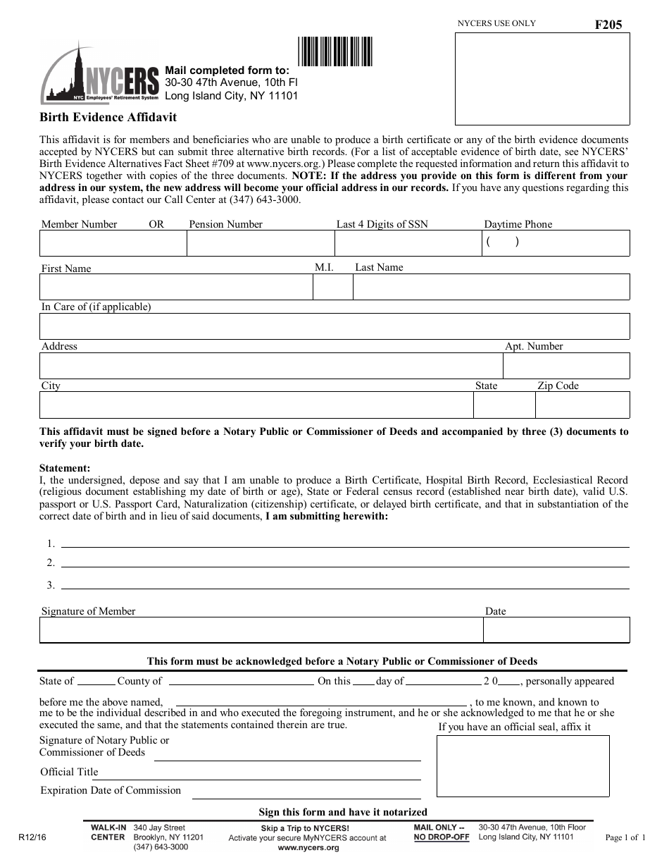 Form F205 Birth Evidence Affidavit - New York City, Page 1