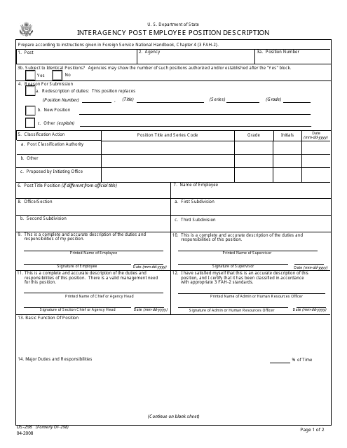 Form DS-298 Interagency Post Employee Position Description