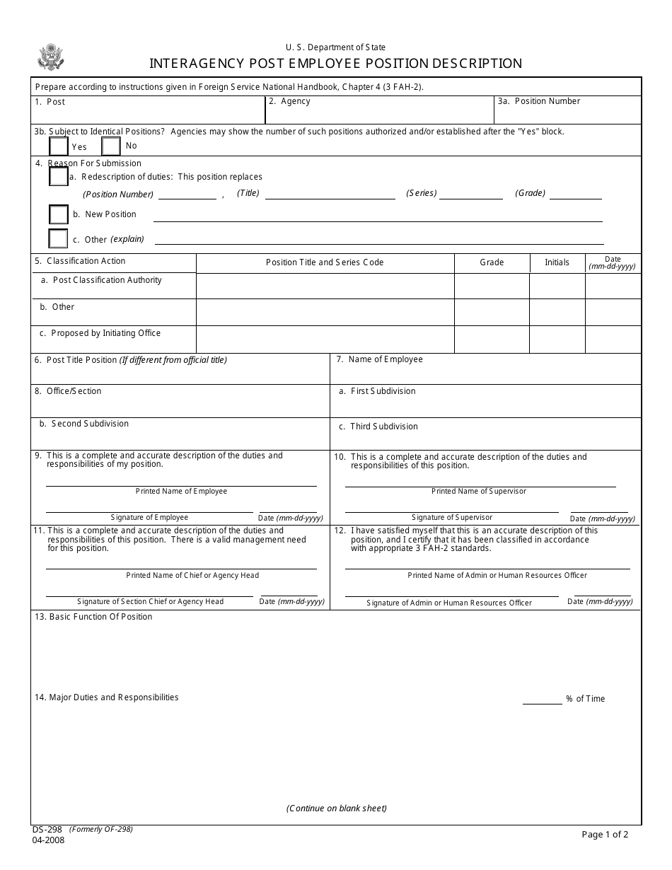 Form DS-298 Interagency Post Employee Position Description, Page 1