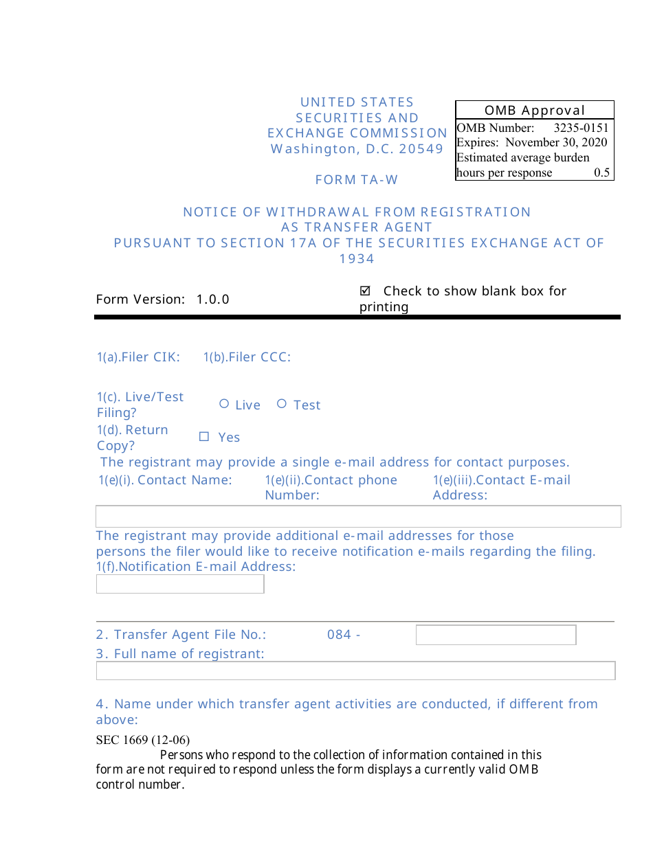 SEC Form 1669 (TA-W) Notice of Withdrawal From Registration as Transfer Agent Pursuant to Section 17a of the Securities Exchange Act of 1934, Page 1
