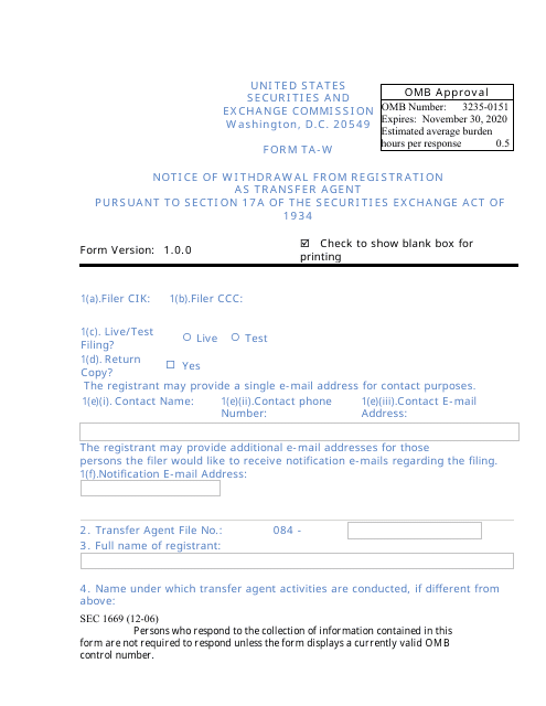 SEC Form 1669 (TA-W)  Printable Pdf