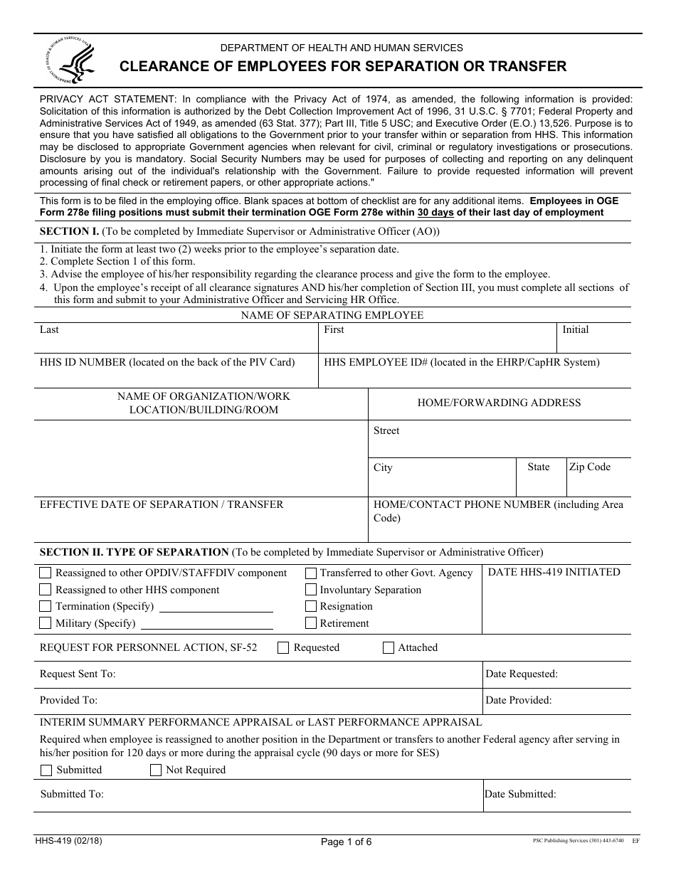 Form HHS-419 Clearance of Employees for Separation or Transfer, Page 1