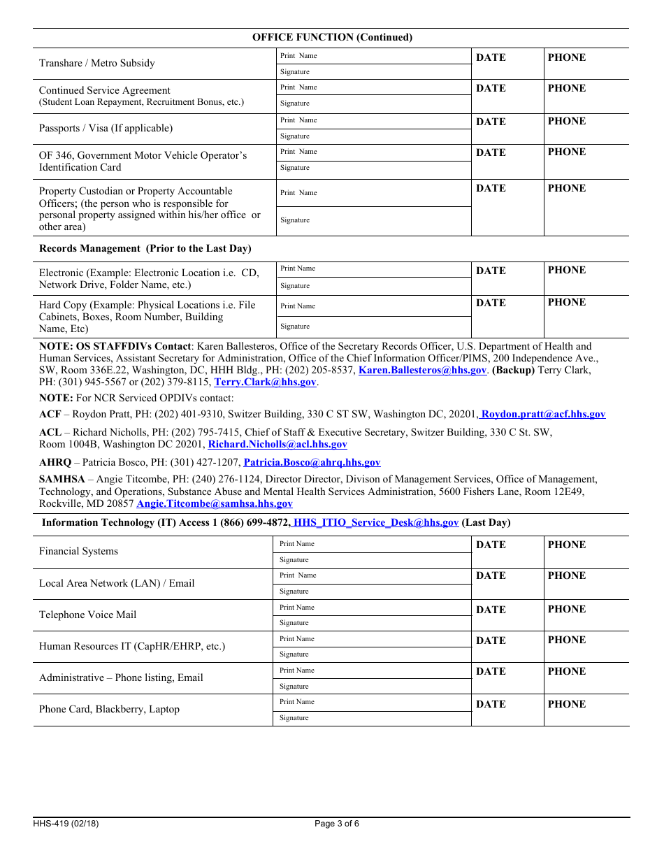 Form HHS-419 Clearance of Employees for Separation or Transfer, Page 3