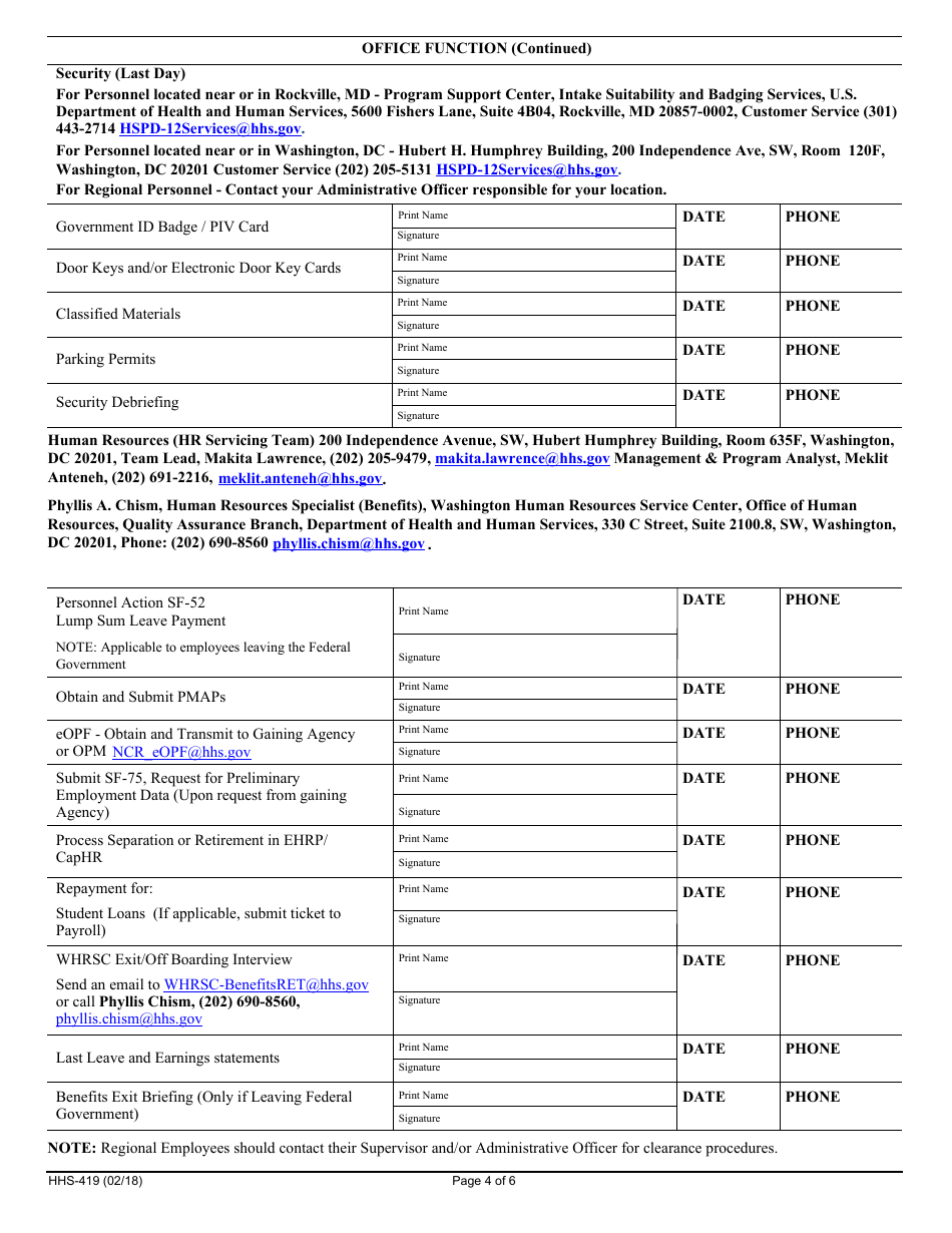 Form HHS-419 Clearance of Employees for Separation or Transfer, Page 4
