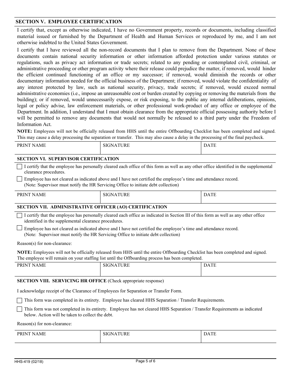 Form HHS-419 Clearance of Employees for Separation or Transfer, Page 5