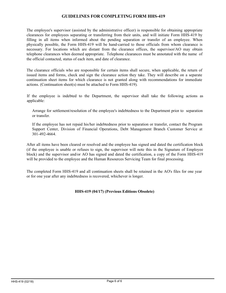 Form HHS-419 Clearance of Employees for Separation or Transfer, Page 6