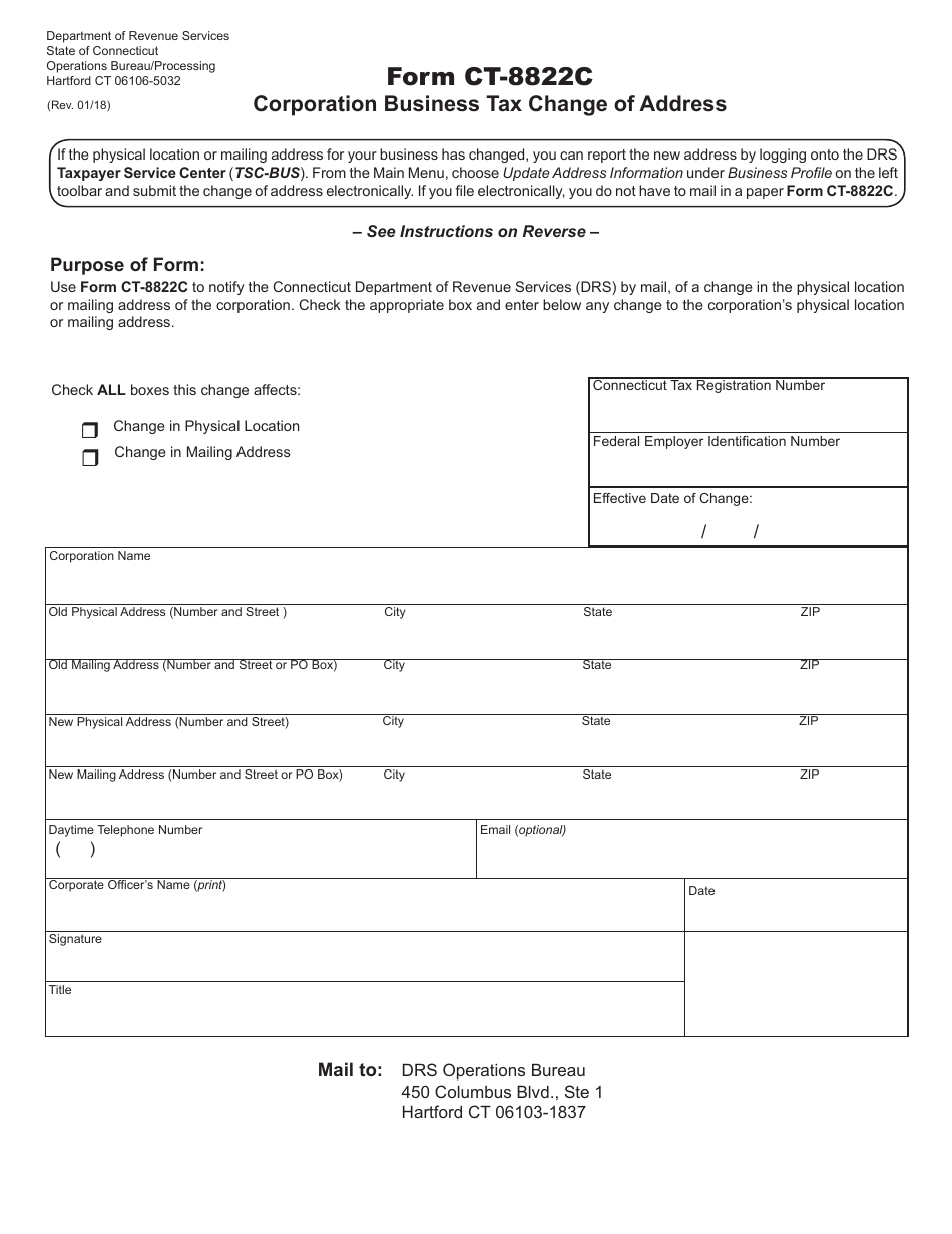 Form CT-8822C Corporation Business Tax Change of Address - Connecticut, Page 1