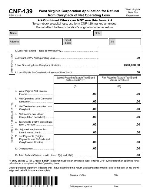 Form CNF-139 West Virginia Corporation Application for Refund From Carryback of Net Operating Loss - West Virginia