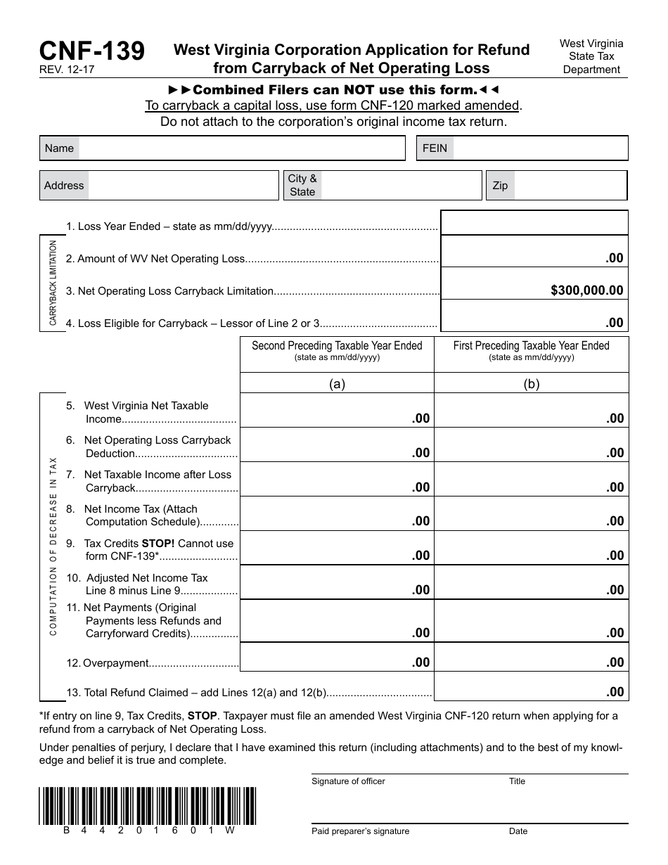 Form CNF-139 West Virginia Corporation Application for Refund From Carryback of Net Operating Loss - West Virginia, Page 1