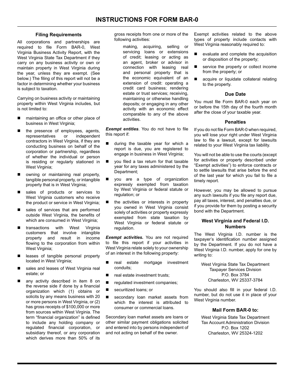 Form BAR-0 West Virginia Business Activity Report - West Virginia, Page 2