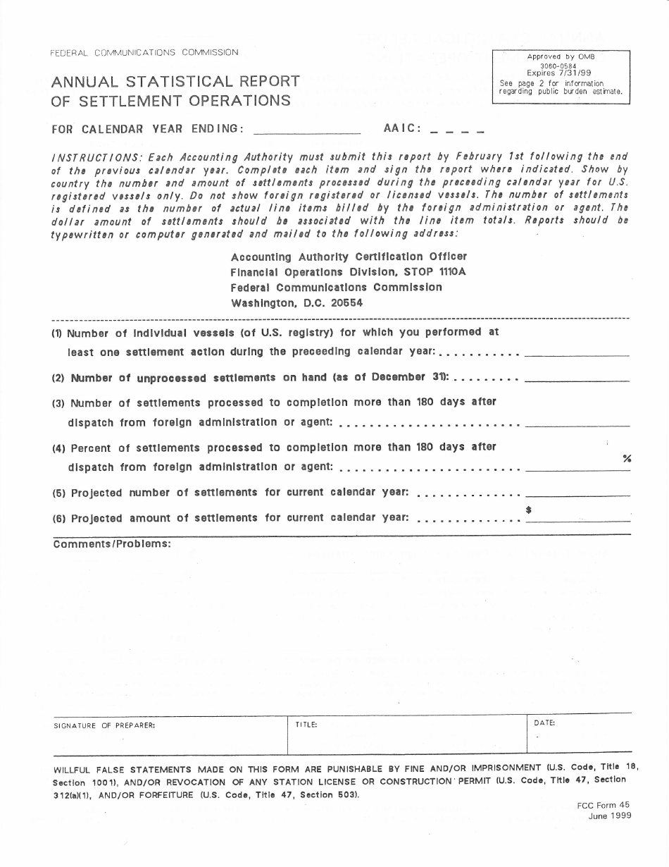 FCC Form 45 Annual Statistical Report of Settlement Operations, Page 1