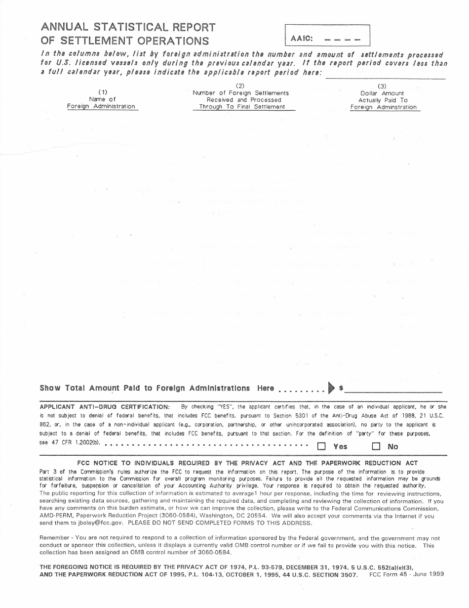 FCC Form 45 Annual Statistical Report of Settlement Operations, Page 2