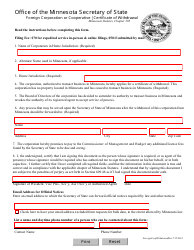 Document preview: Foreign Corporation or Cooperative Certificate of Withdrawal - Minnesota