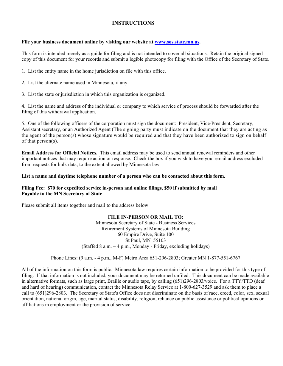 Foreign Corporation or Cooperative Certificate of Withdrawal - Minnesota, Page 2