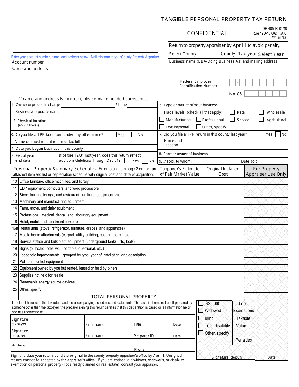 Form DR-405 Tangible Personal Property Tax Return - Florida, Page 1